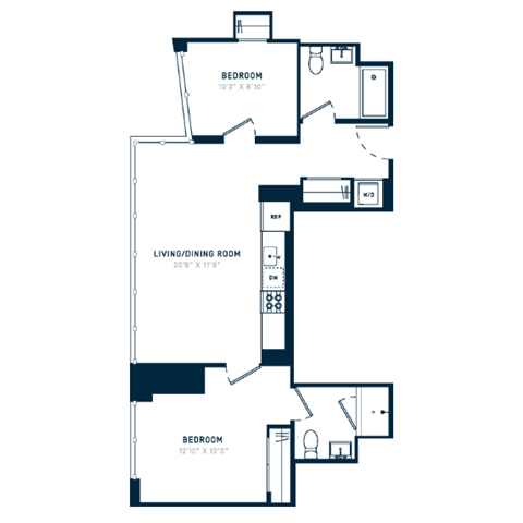 Floor plan for 2 beds, 2 baths, 895 sqft