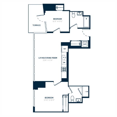 Floor plan for 2 beds, 2 baths, 895 sqft