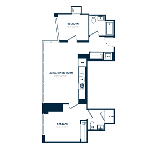 Floor plan for 2 beds, 2 baths, 895 sqft