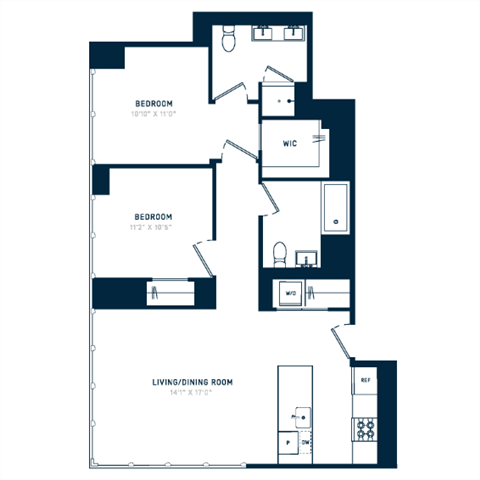 Floor plan for 2 beds, 2 baths, 980 sqft