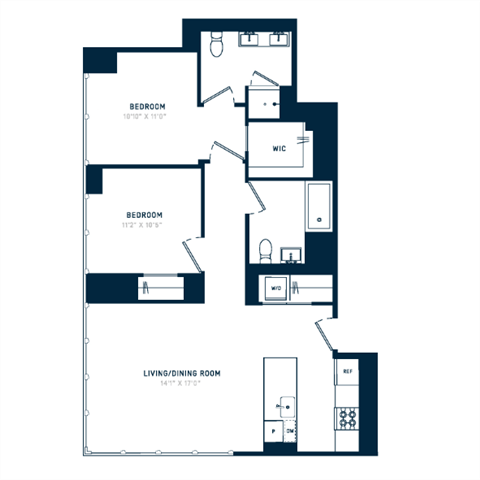 Floor plan for 2 beds, 2 baths, 980 sqft