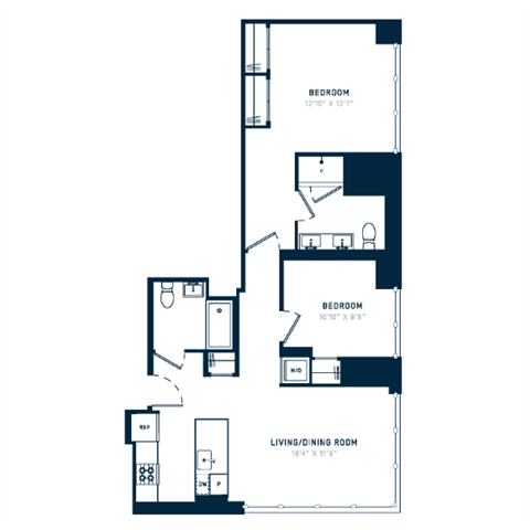 Floor plan for 2 beds, 2 baths, 987 sqft