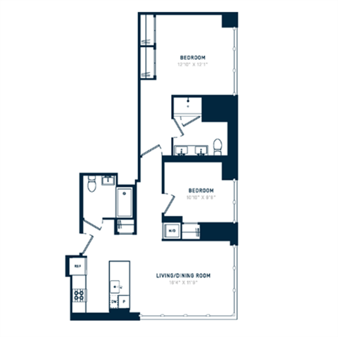 Floor plan for 2 beds, 2 baths, 987 sqft