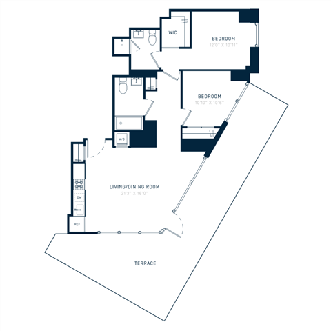 Floor plan for 2 beds, 2 baths, 996 sqft