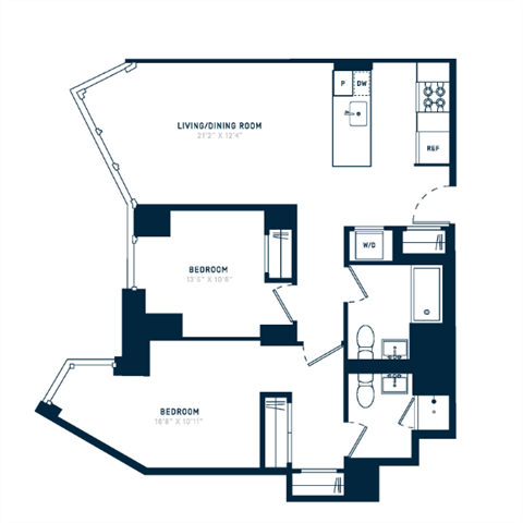 Floor plan for 2 beds, 2 baths, 1035 sqft