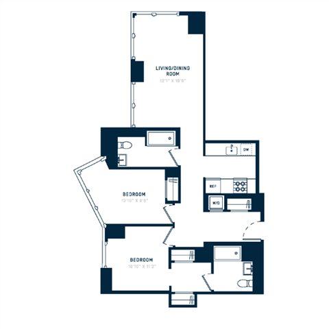 Floor plan for 2 beds, 2 baths, 1046 sqft