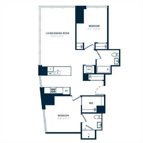 Floor plan for 2 beds, 2 baths, 1049 sqft