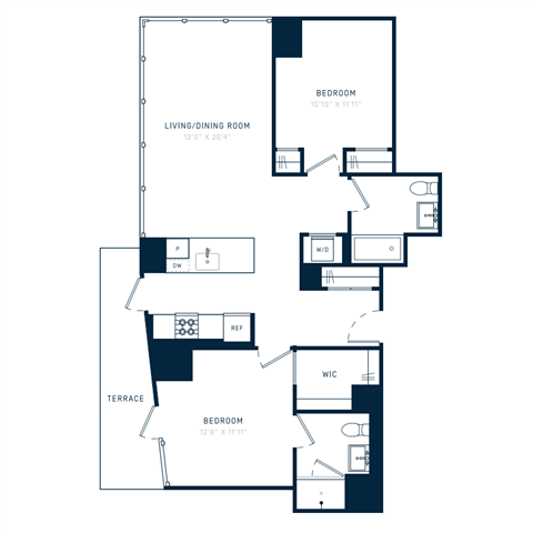 Floor plan for 2 beds, 2 baths, 1049 sqft