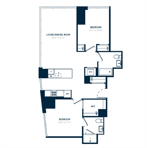 Floor plan for 2 beds, 2 baths, 1049 sqft