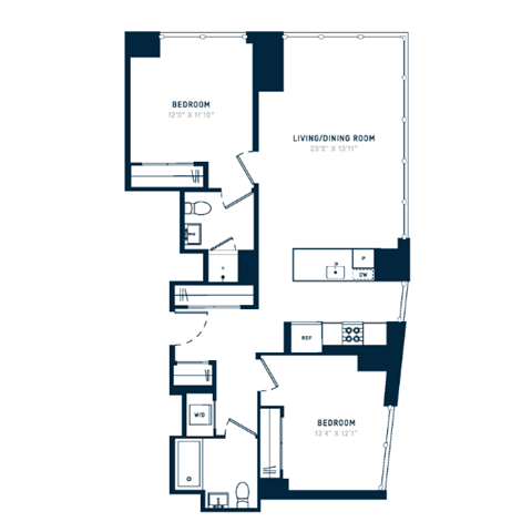 Floor plan for 2 beds, 2 baths, 1057 sqft