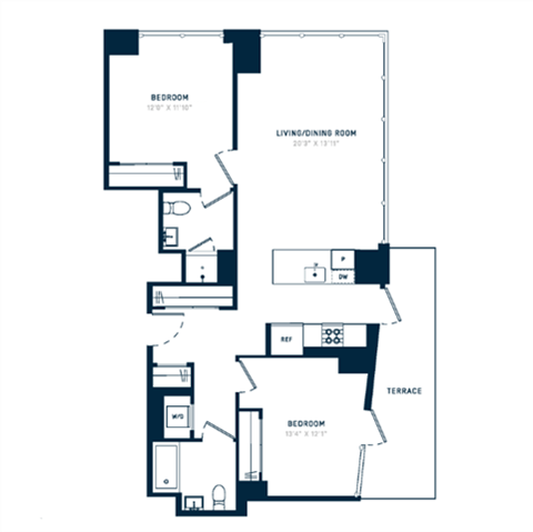 Floor plan for 2 beds, 2 baths, 1057 sqft
