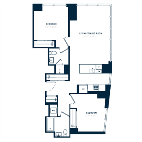 Floor plan for 2 beds, 2 baths, 1057 sqft