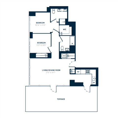 Floor plan for 2 beds, 2 baths, 1064 sqft