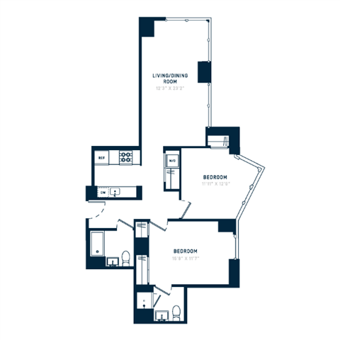 Floor plan for 2 beds, 2 baths, 1073 sqft