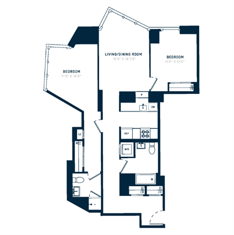 Floor plan for 2 beds, 2 baths, 1161 sqft