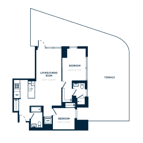 Floor plan for 2 beds, 2 baths, 1162 sqft