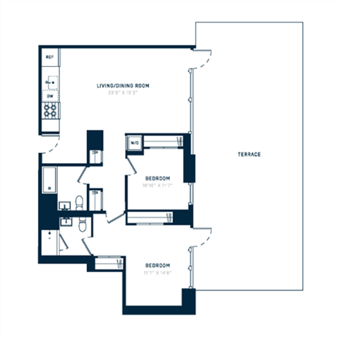 Floor plan for 2 beds, 2 baths, 1172 sqft