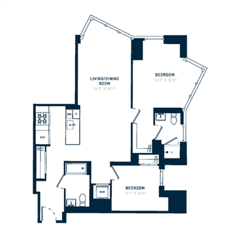 Floor plan for 2 beds, 2 baths, 1232 sqft