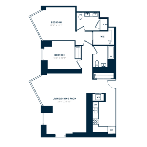 Floor plan for 2 beds, 2 baths, 1388 sqft