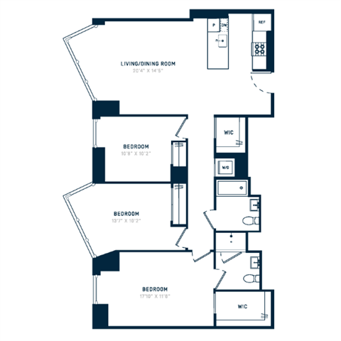 Floor plan for 3 beds, 2 baths, 1341 sqft