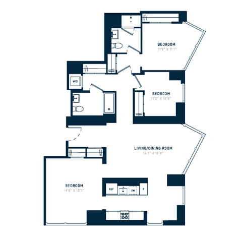 Floor plan for 3 beds, 2 baths, 1413 sqft