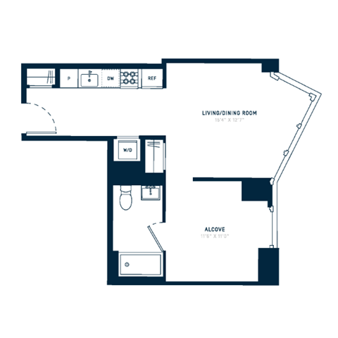Floor plan for studio, 1 bath, 539 sqft