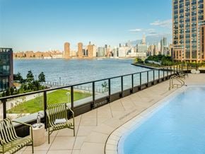 Brooklyn apartment for rent - A pool on a balcony overlooking a city skyline.