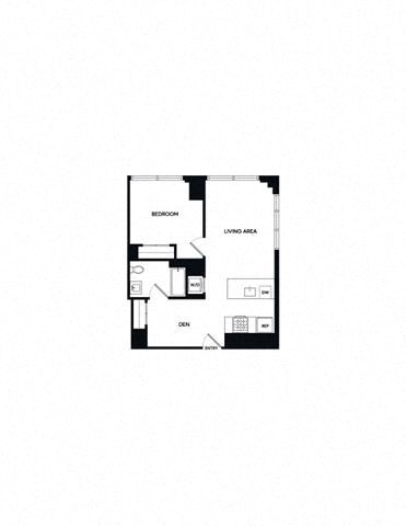 Floor plan for 1 bed, 1 bath, 709 sqft