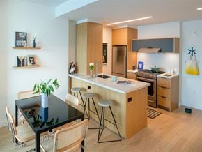 Brooklyn apartment for rent - a kitchen with an island and a table with chairs