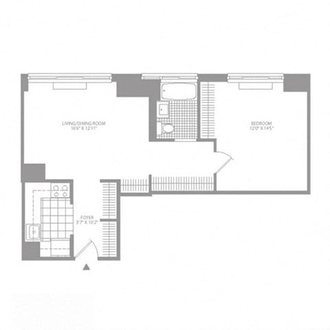 Floor plan for 1 bed, 1 bath, 679 sqft