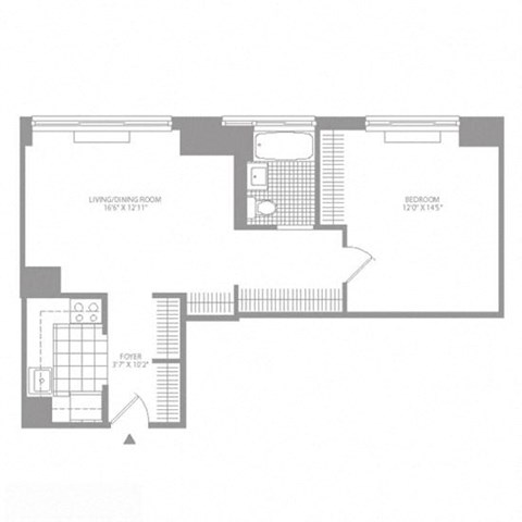 Floor plan for 1 bed, 1 bath, 679 sqft