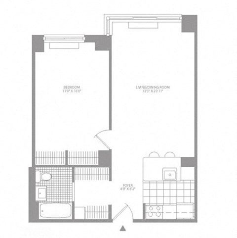 Floor plan for 1 bed, 1 bath, 684 sqft