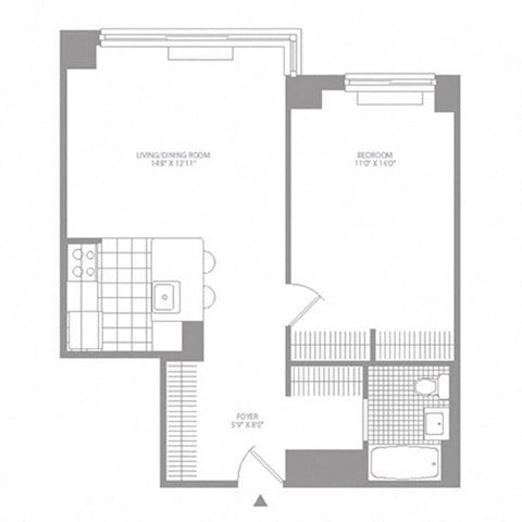 Floor plan for 1 bed, 1 bath, 695 sqft