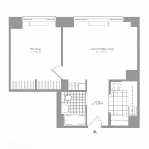 Floor plan for 1 bed, 1 bath, 599 sqft