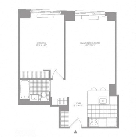 Floor plan for 1 bed, 1 bath, 663 sqft