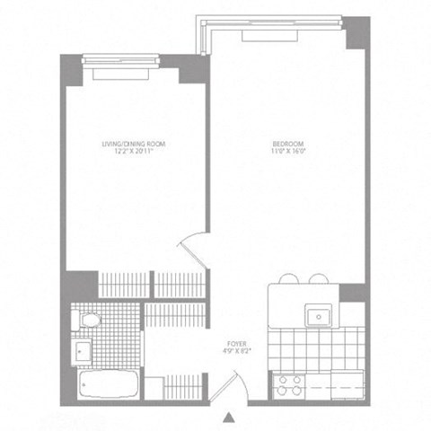 Floor plan for 1 bed, 1 bath, 679 sqft