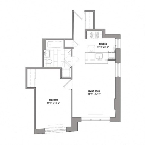 Floor plan for 1 bed, 1 bath, 587 sqft