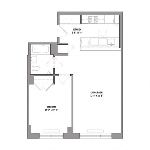 Floor plan for 1 bed, 1 bath, 668 sqft
