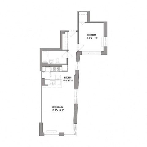 Floor plan for 1 bed, 1 bath, 688 sqft