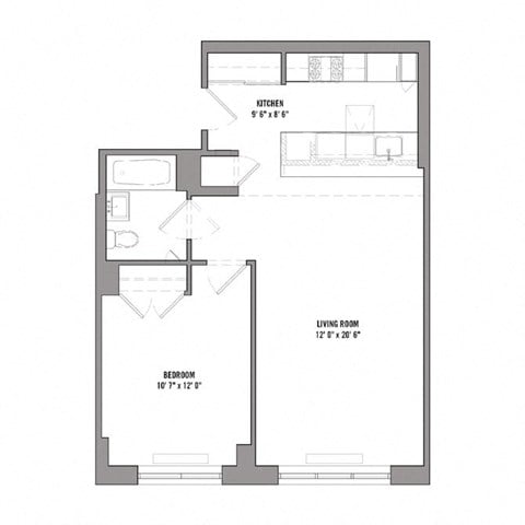 Floor plan for 1 bed, 1 bath, 711 sqft