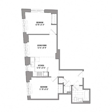 Floor plan for 2 beds, 1 bath, 710 sqft