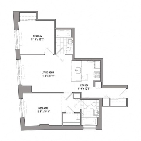 Floor plan for 2 beds, 2 baths, 829 sqft