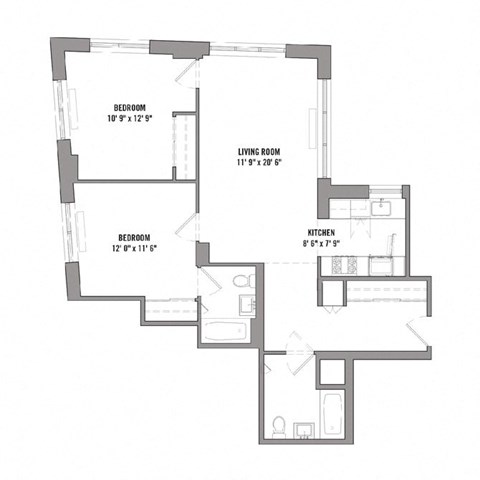 Floor plan for 2 beds, 2 baths, 939 sqft