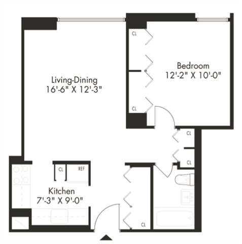 Floor plan for 1 bed, 1 bath, 591 sqft