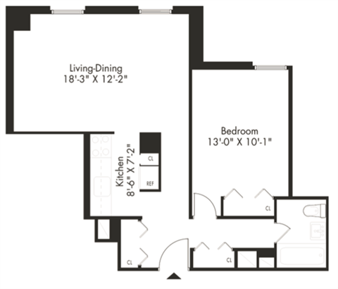 Floor plan for 1 bed, 1 bath, 631 sqft