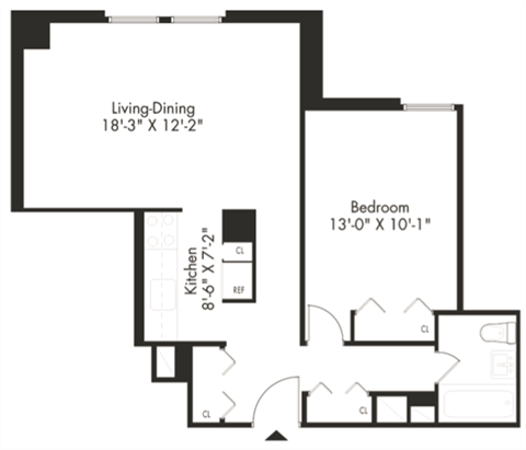 Floor plan for 1 bed, 1 bath, 649 sqft