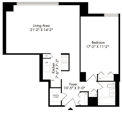 Floor plan for 1 bed, 1 bath, 672 sqft
