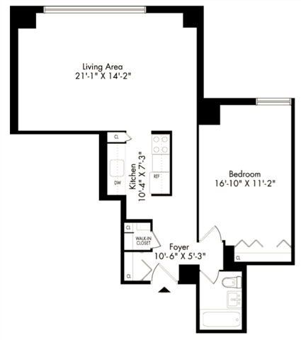 Floor plan for 1 bed, 1 bath, 682 sqft