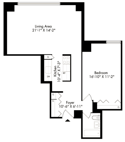 Floor plan for 1 bed, 1 bath, 691 sqft
