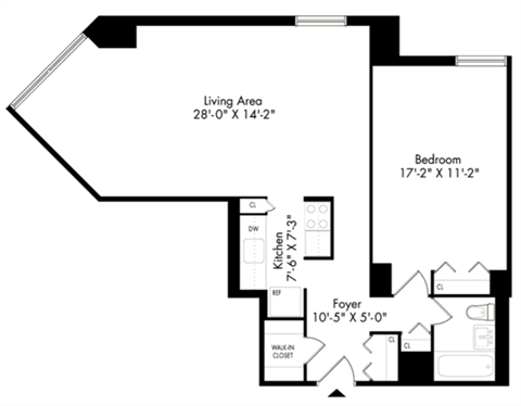 Floor plan for 1 bed, 1 bath, 721 sqft